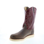 Men's burgundy and brown cowboy boots with embroidered shaft and flat sole
