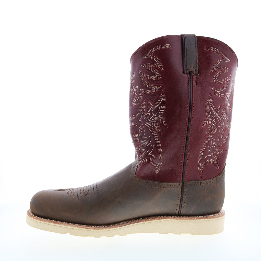 Men's burgundy and brown cowboy boots with embroidered shaft and flat sole