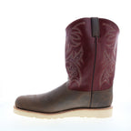 Men's burgundy and brown cowboy boots with embroidered shaft and flat sole