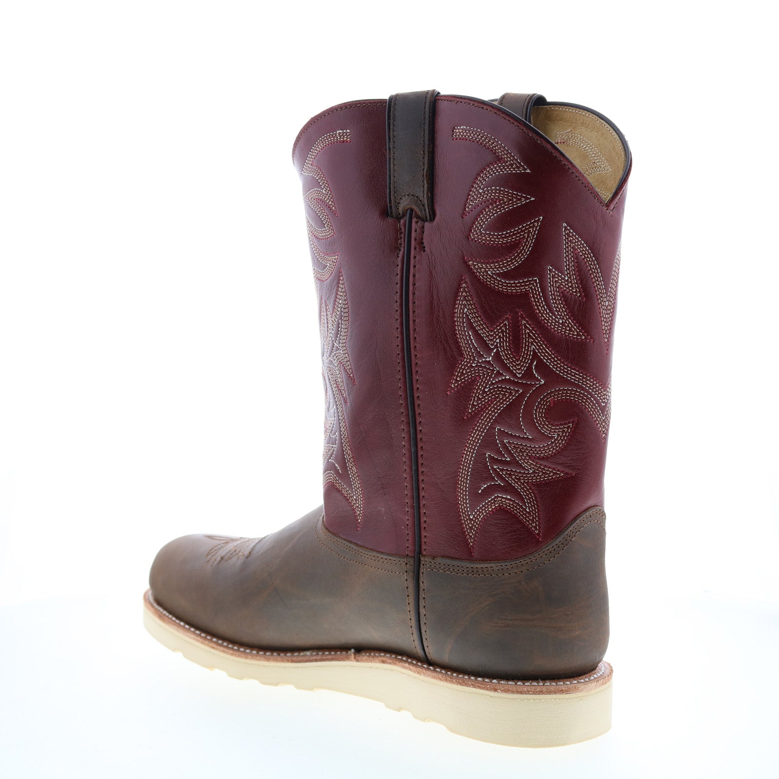 Men's burgundy and brown cowboy boots with embroidered shaft and flat sole