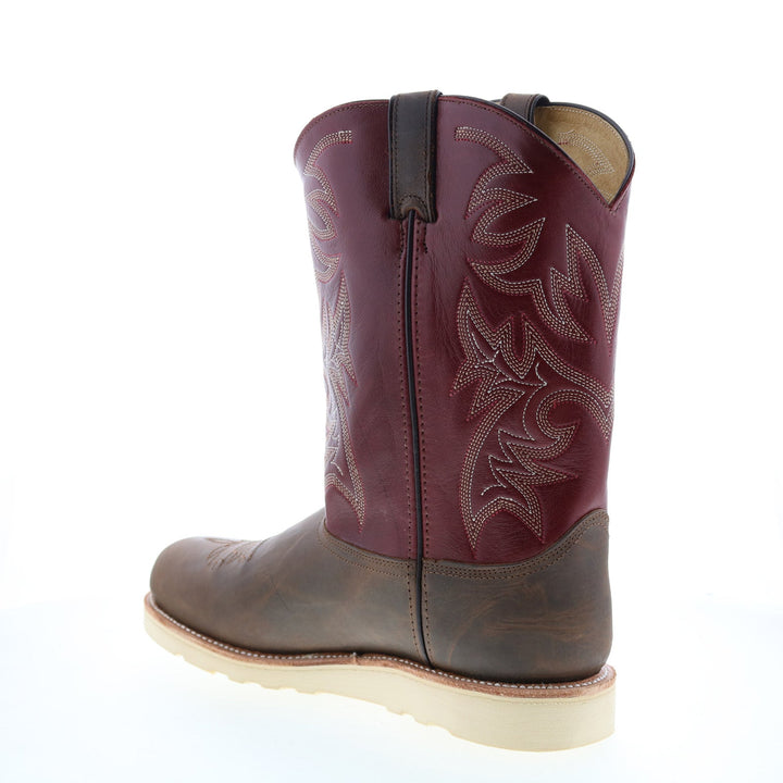 Men's burgundy and brown cowboy boots with embroidered shaft and flat sole