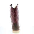 Men's burgundy and brown cowboy boots with embroidered shaft and flat sole