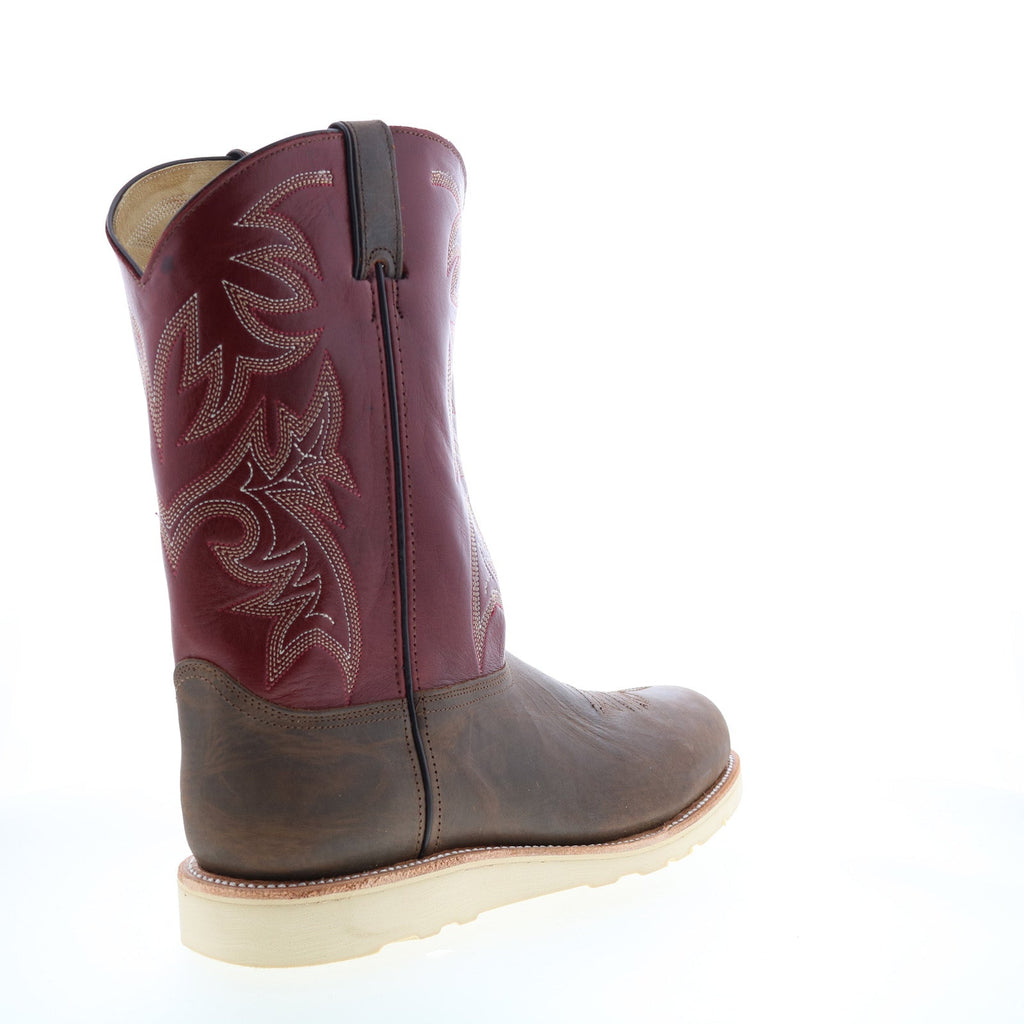 Men's burgundy and brown cowboy boots with embroidered shaft and flat sole