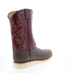 Men's burgundy and brown cowboy boots with embroidered shaft and flat sole