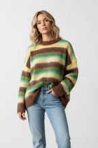 Women's relaxed striped crew neck jumper with long sleeves and ribbed trims