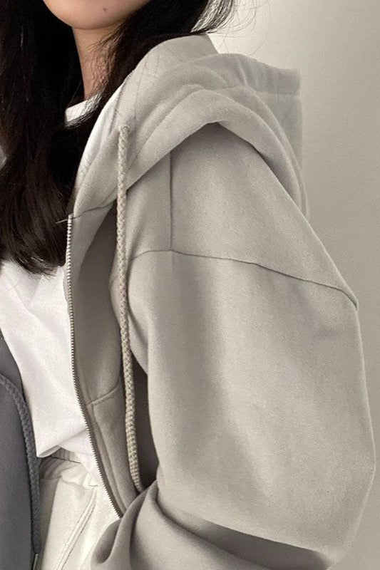 Women's oversized cropped zip hoodie with hood and long sleeves