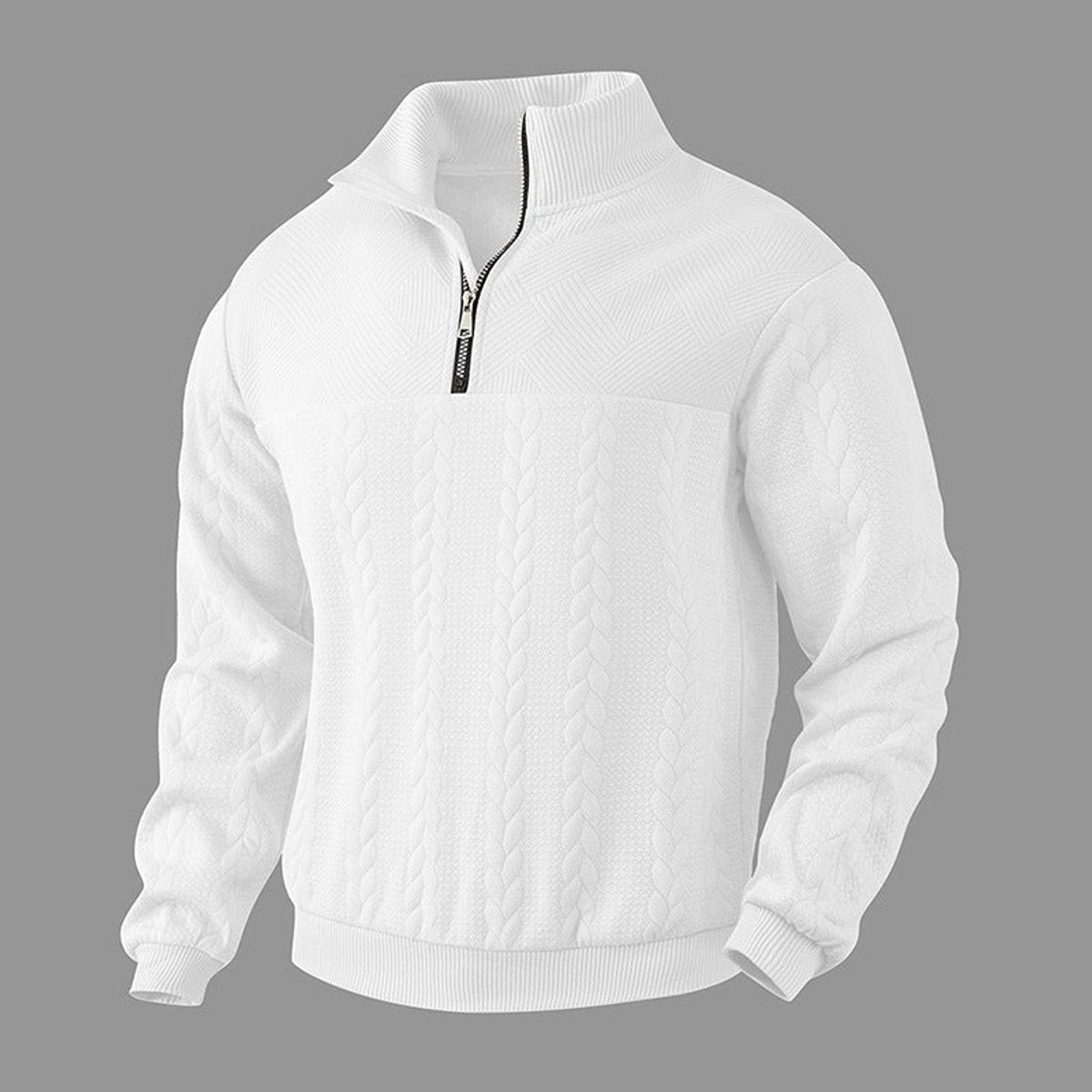 Men's quarter-zip jumper with stand collar and vertical cable-knit panels