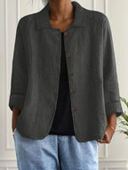 Women's collared shirt-style cardigan with button front and long sleeves