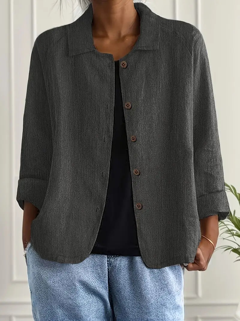 Women's collared shirt-style cardigan with button front and long sleeves