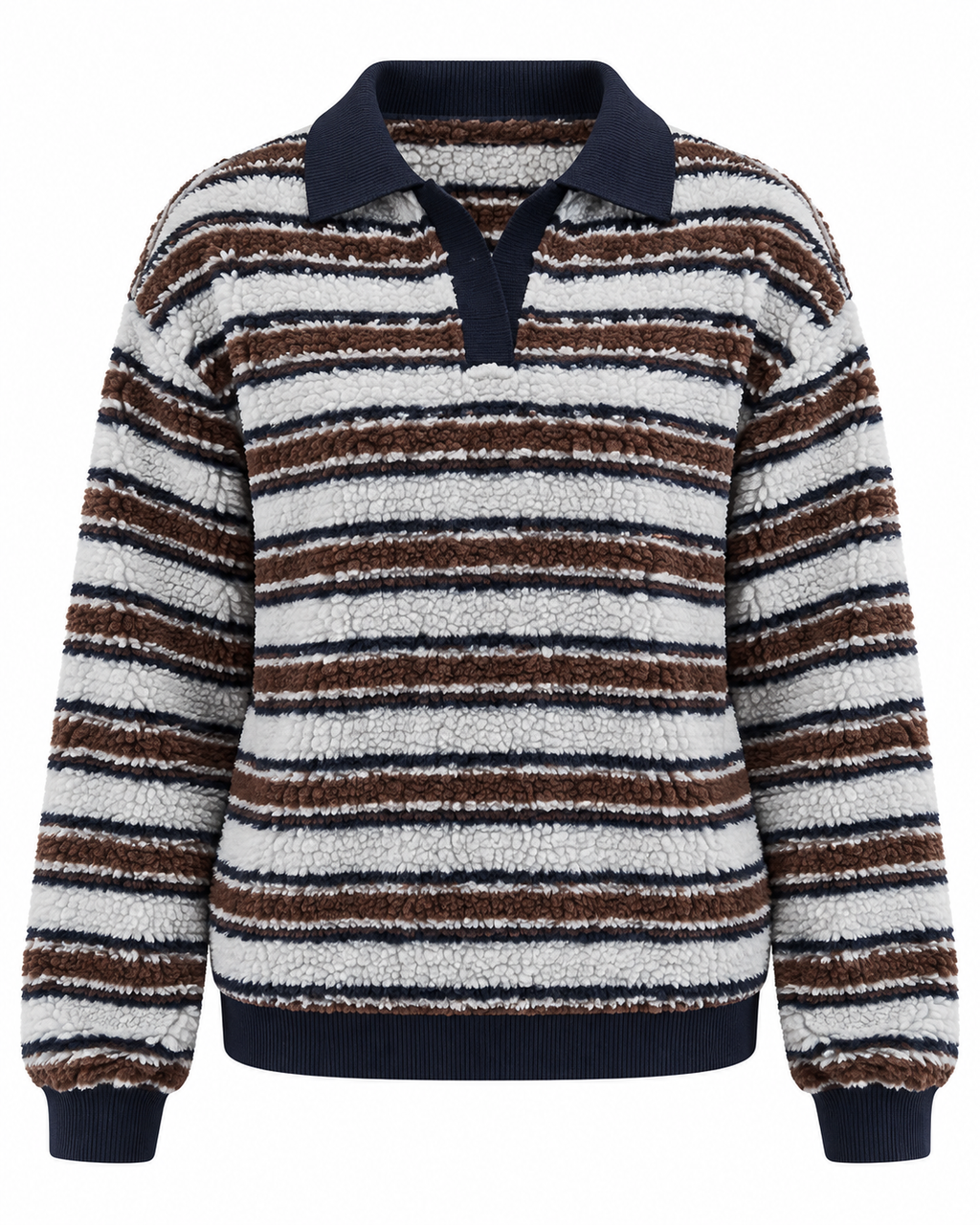 Women's textured striped sweater with collared V-neck and long sleeves