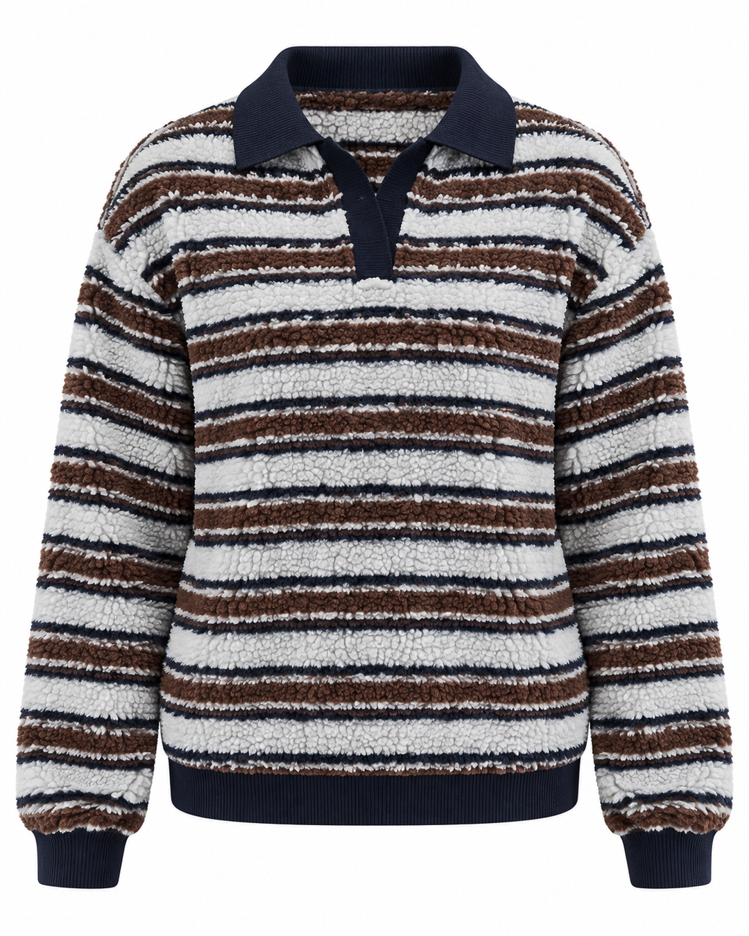 Women's textured striped sweater with collared V-neck and long sleeves