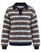 Women's textured striped sweater with collared V-neck and long sleeves