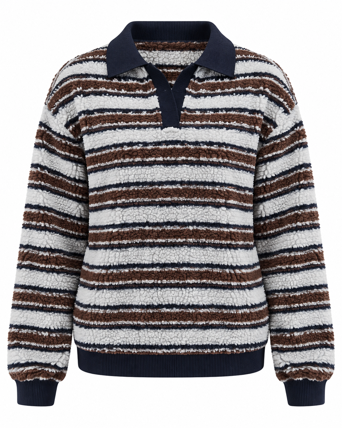 Women's textured striped sweater with collared V-neck and long sleeves