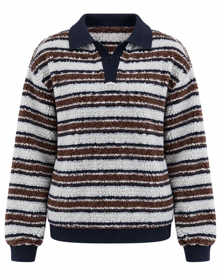Women's textured striped sweater with collared V-neck and long sleeves