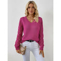 Women's V-neck knit sweater with openwork long sleeves and ribbed trims