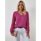 Women's V-neck knit sweater with openwork long sleeves and ribbed trims