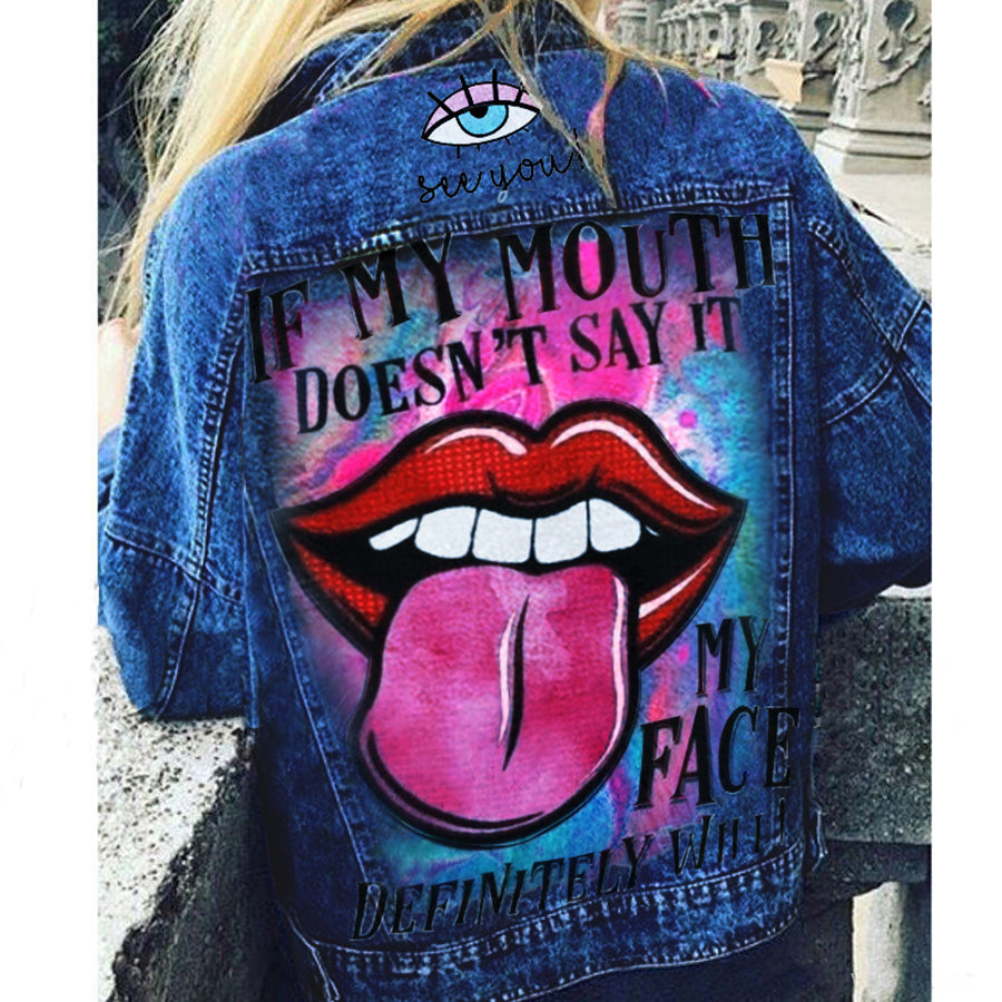 Women's graphic print jacket with colourful back artwork and long sleeves