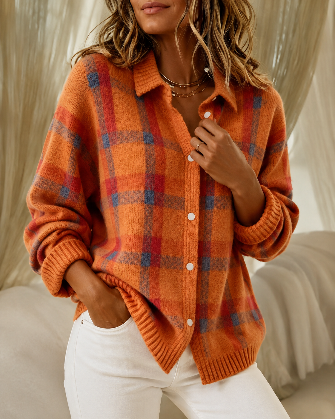 Women's checked knit cardigan with collar and button front