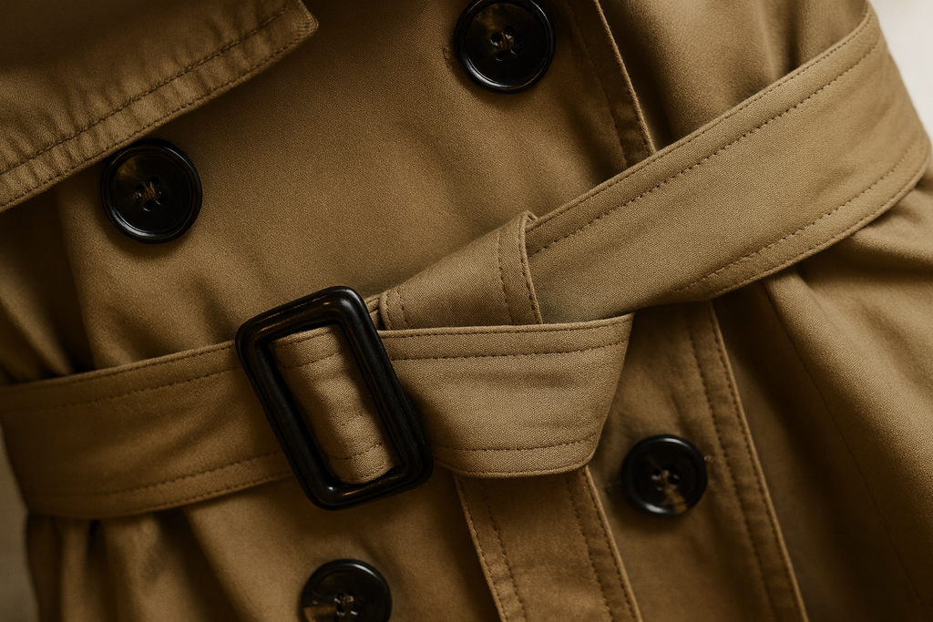Women's belted double-breasted trench coat with long sleeves and notched collar