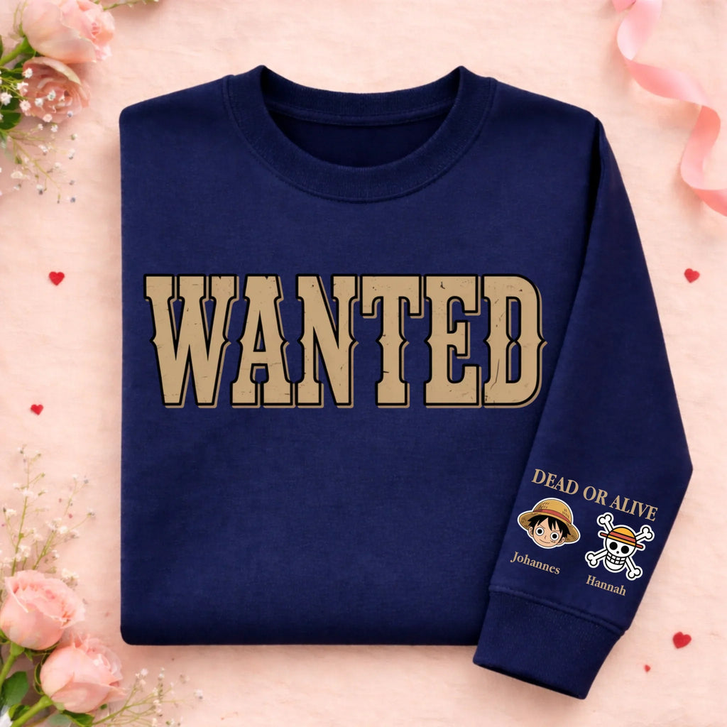 Graphic crew neck sweater with WANTED front print and personalised sleeve artwork