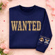 Graphic crew neck sweater with WANTED front print and personalised sleeve artwork