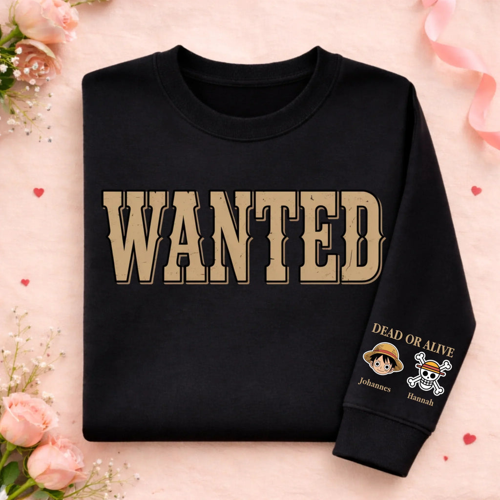 Graphic crew neck sweater with WANTED front print and personalised sleeve artwork