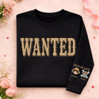 Graphic crew neck sweater with WANTED front print and personalised sleeve artwork