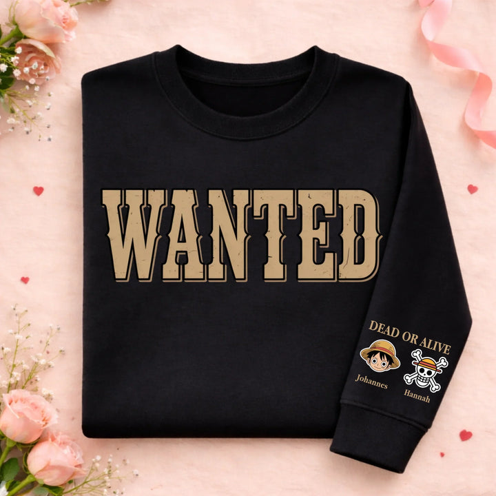 Graphic crew neck sweater with WANTED front print and personalised sleeve artwork