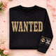 Graphic crew neck sweater with WANTED front print and personalised sleeve artwork