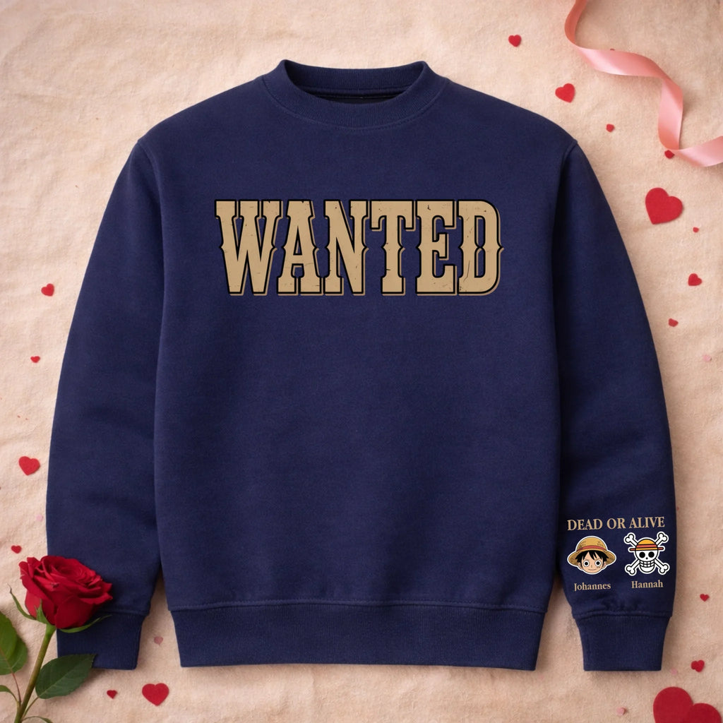 Graphic crew neck sweater with WANTED front print and personalised sleeve artwork