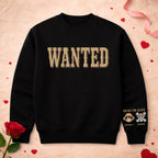 Graphic crew neck sweater with WANTED front print and personalised sleeve artwork