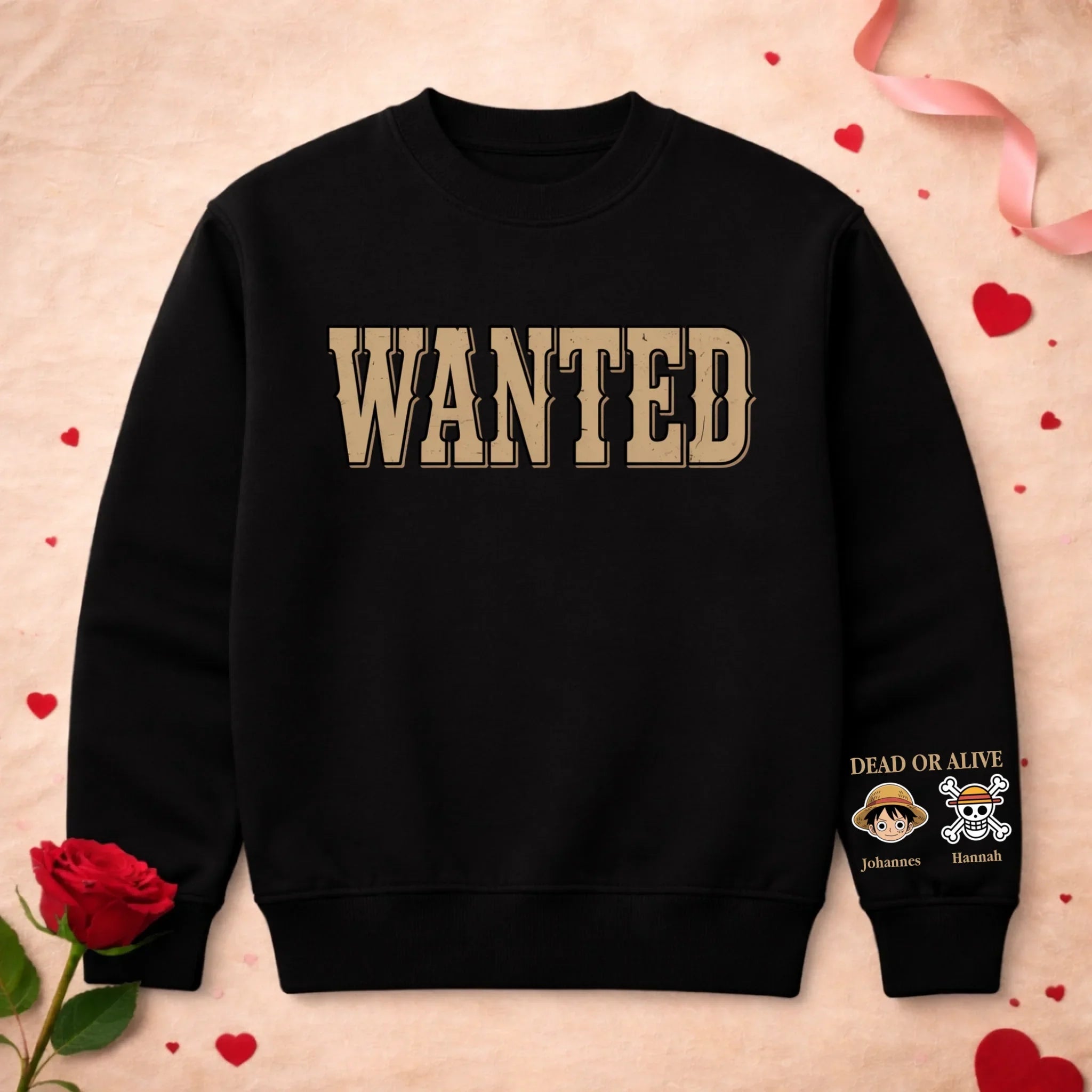Graphic crew neck sweater with WANTED front print and personalised sleeve artwork
