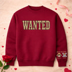 Graphic crew neck sweater with WANTED front print and personalised sleeve artwork