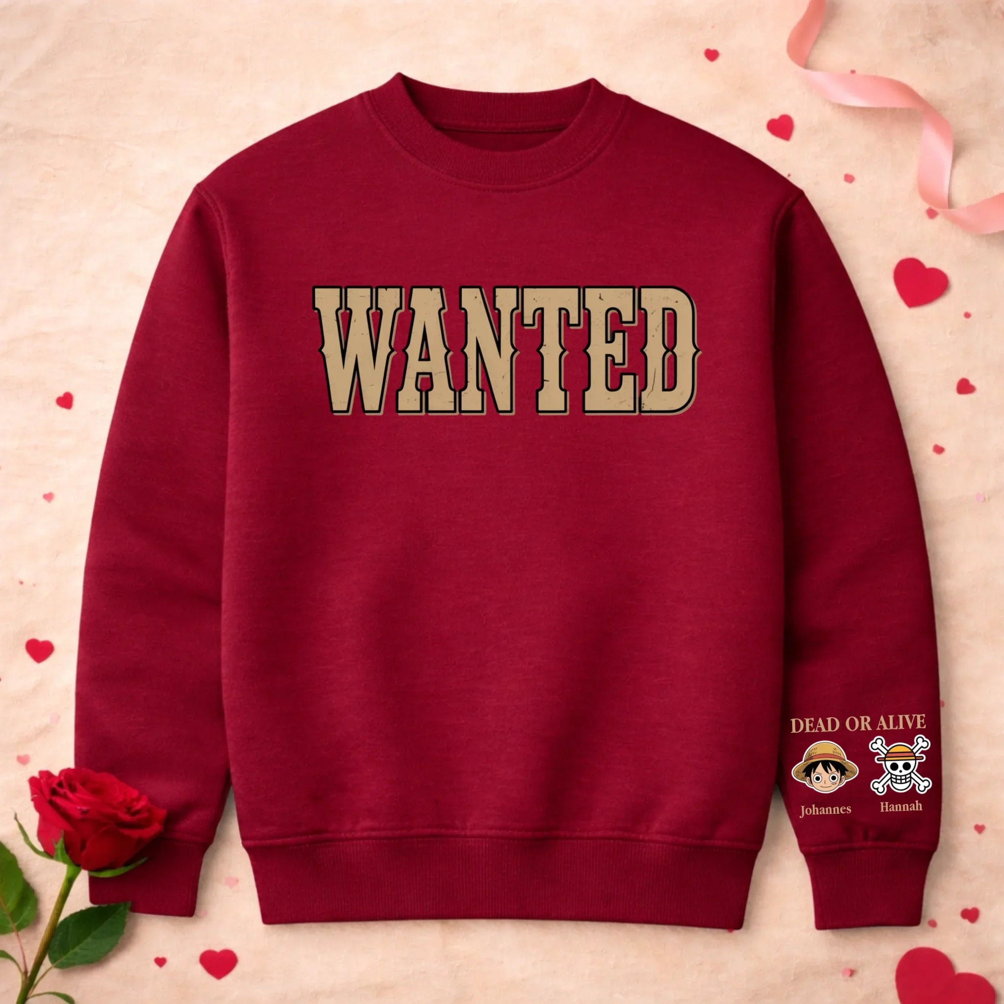 Graphic crew neck sweater with WANTED front print and personalised sleeve artwork
