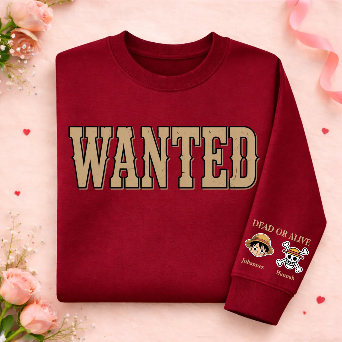 Graphic crew neck sweater with WANTED front print and personalised sleeve artwork