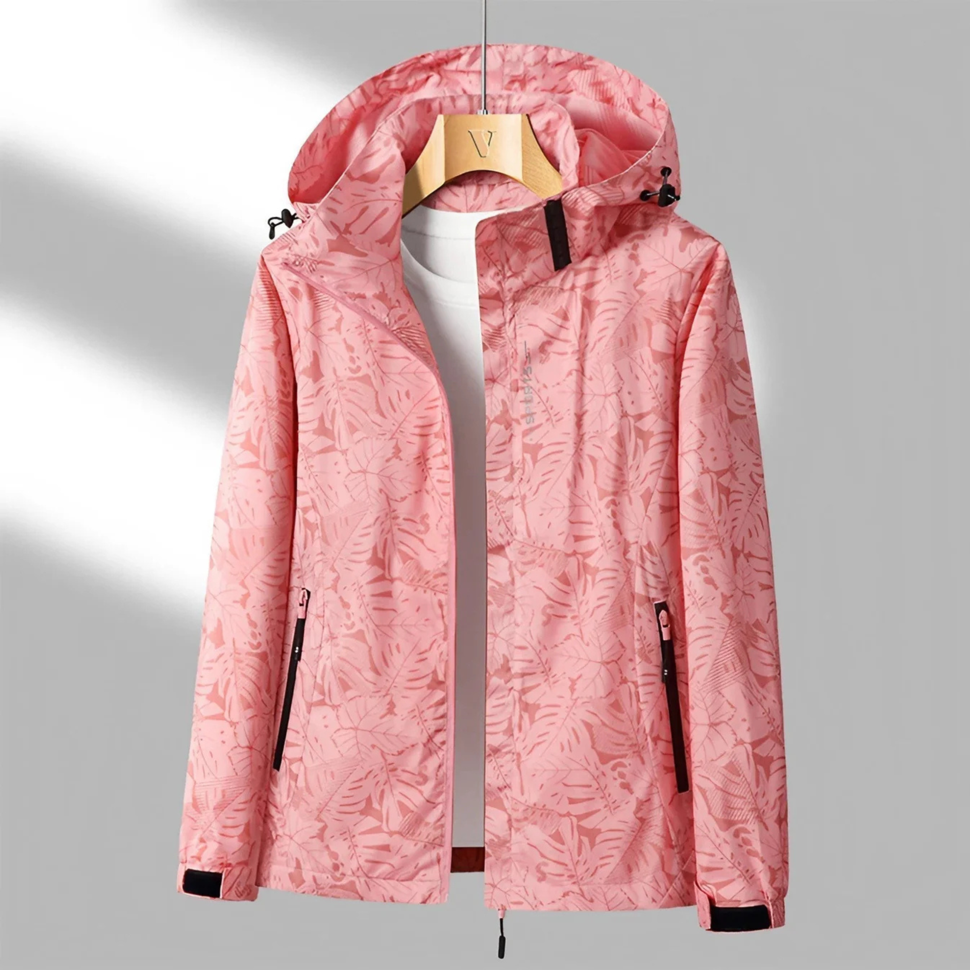 Women's hooded leaf pattern windbreaker jacket