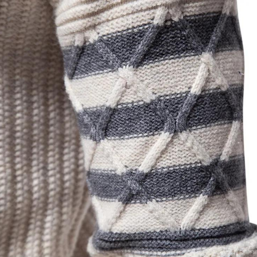 Men's cable knit crew neck jumper with patterned sleeves