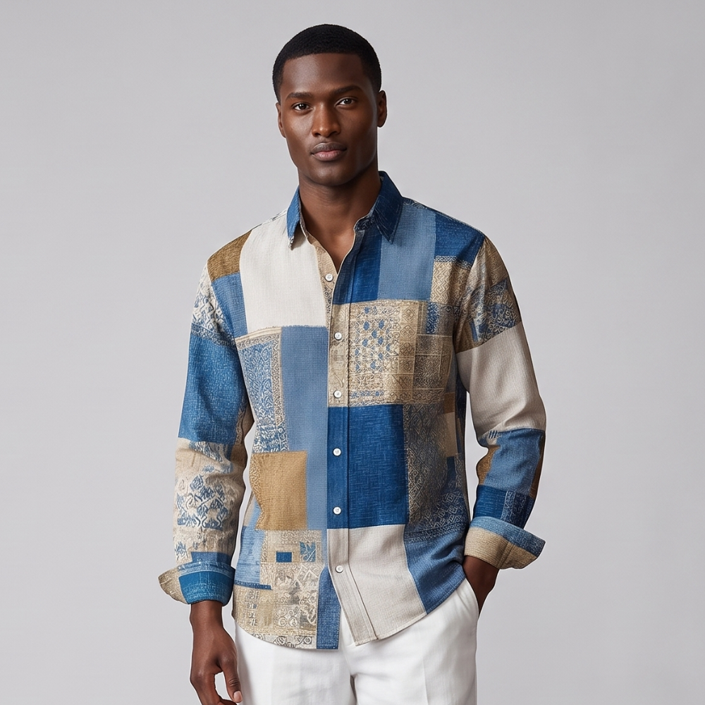 Men's colour block patchwork shirt with long sleeves