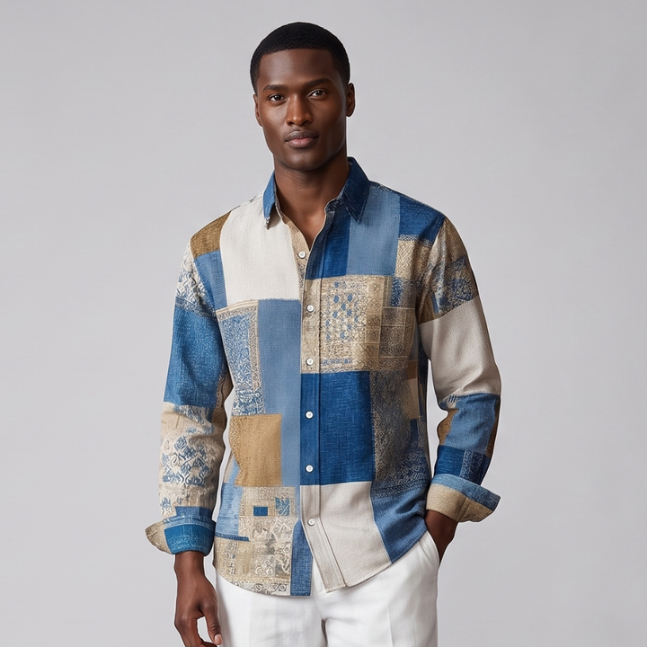Men's colour block patchwork shirt with long sleeves