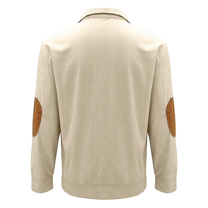 Men's ribbed mock neck jumper with button placket and elbow patches