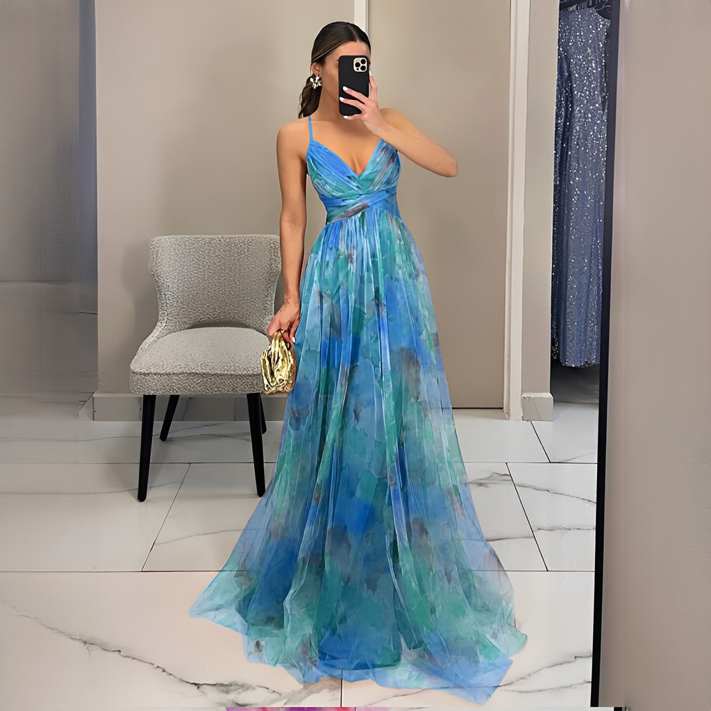 Women's multicoloured abstract V-neck maxi dress with spaghetti straps