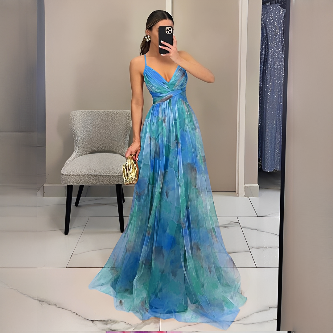 Women's multicoloured abstract V-neck maxi dress with spaghetti straps