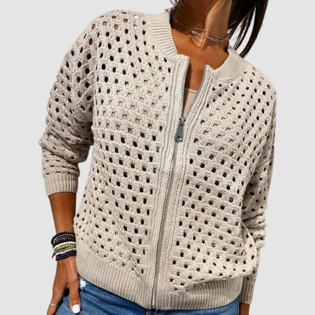 Women's open knit zip cardigan with ribbed trims and long sleeves