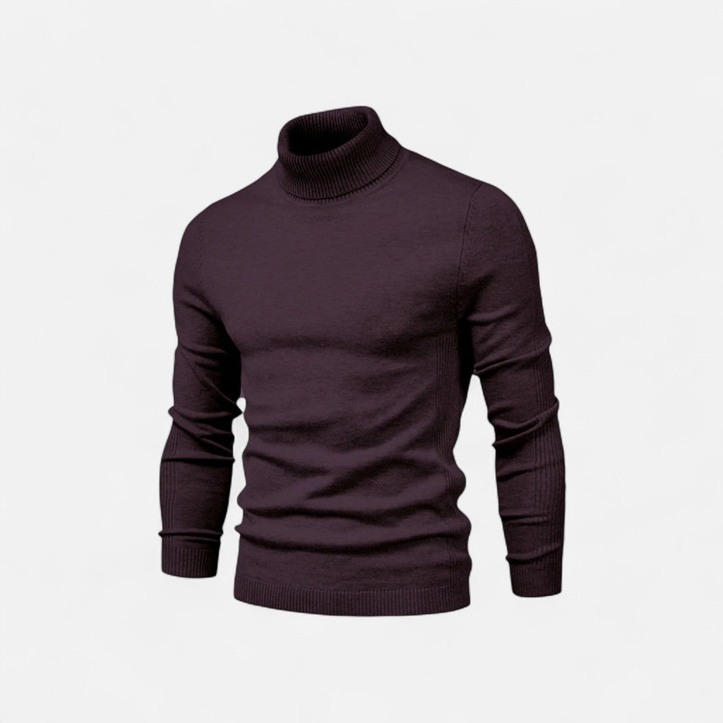 Men's half-zip knit sweater with raised turtleneck collar