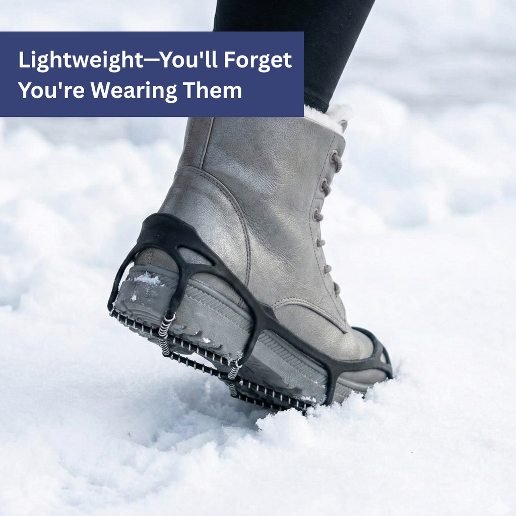 Black stretch ice cleats with traction chains fitted over boots