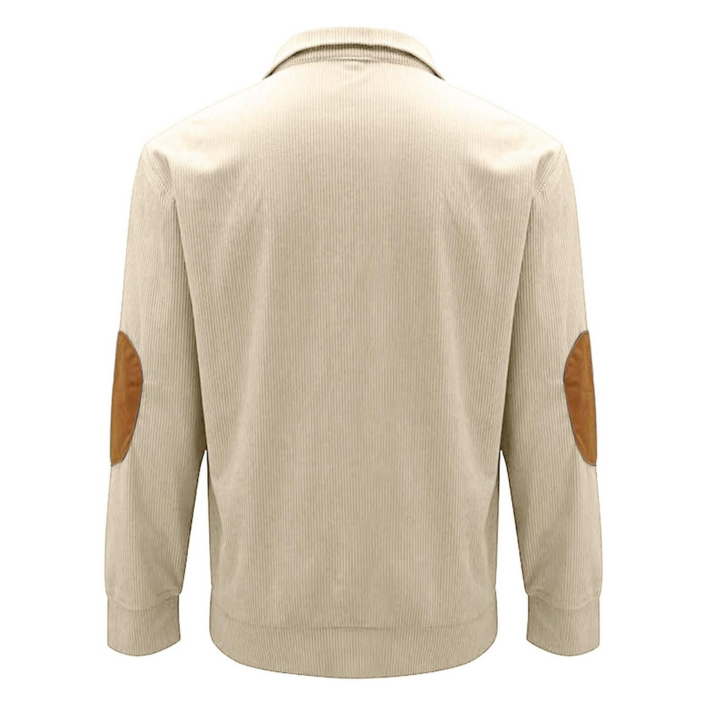 Men's ribbed quarter-button sweatshirt with stand collar and elbow patches