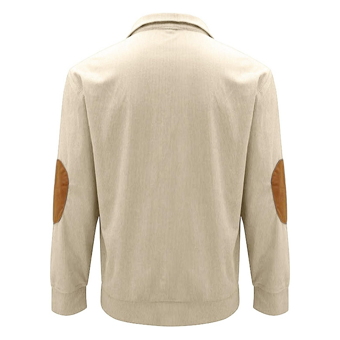 Men's ribbed quarter-button sweatshirt with stand collar and elbow patches