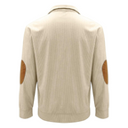 Men's ribbed quarter-button sweatshirt with stand collar and elbow patches