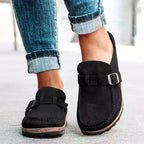 Women's buckle slip-on loafers with moc toes and stitched trim