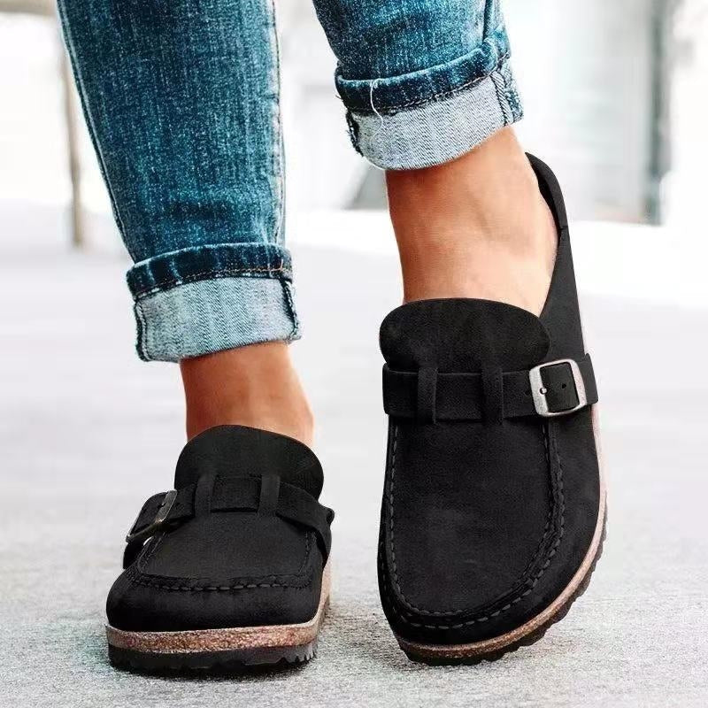 Women's buckle slip-on loafers with moc toes and stitched trim
